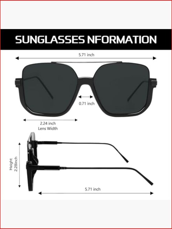 Retro Oversized Square Double Bridge Pilot Sunglasses Metal Frame UV Protection